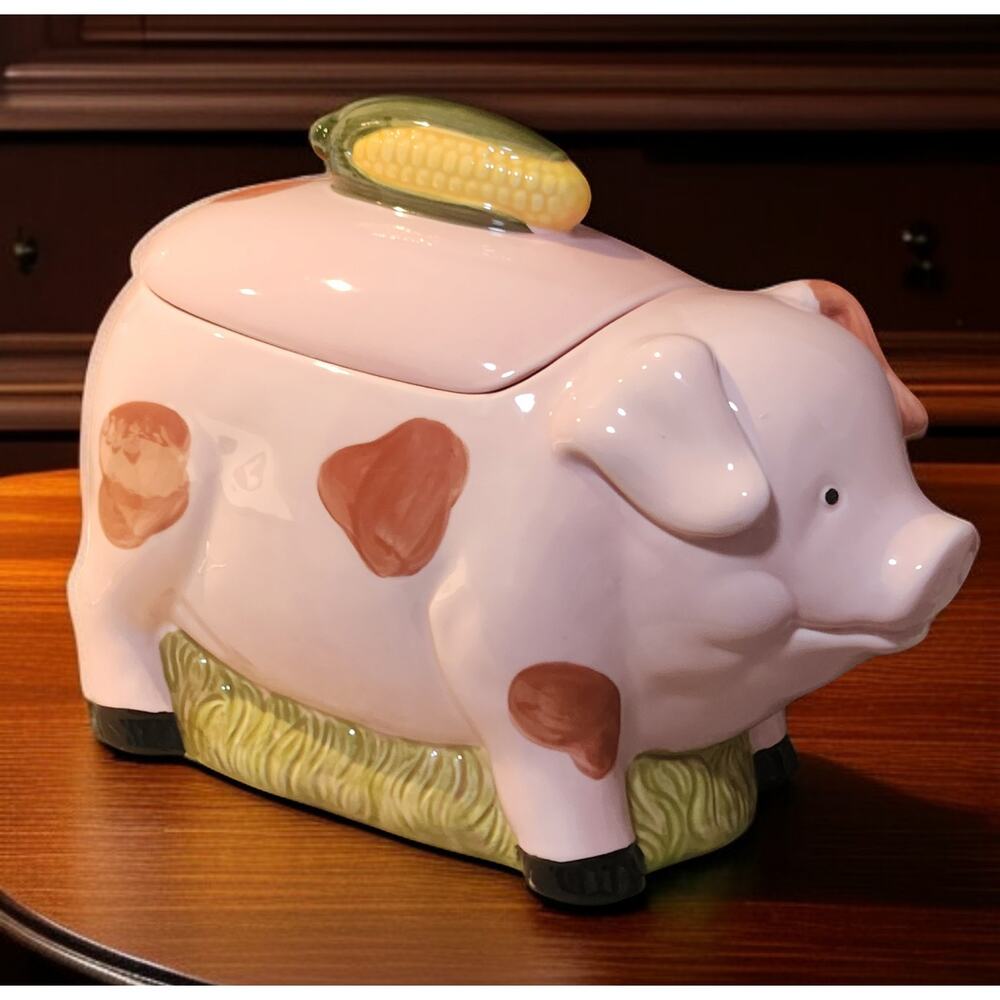 Pig Cookie Jar Vintage 1950s Pink and Brown Spots Corn Cob on Back
